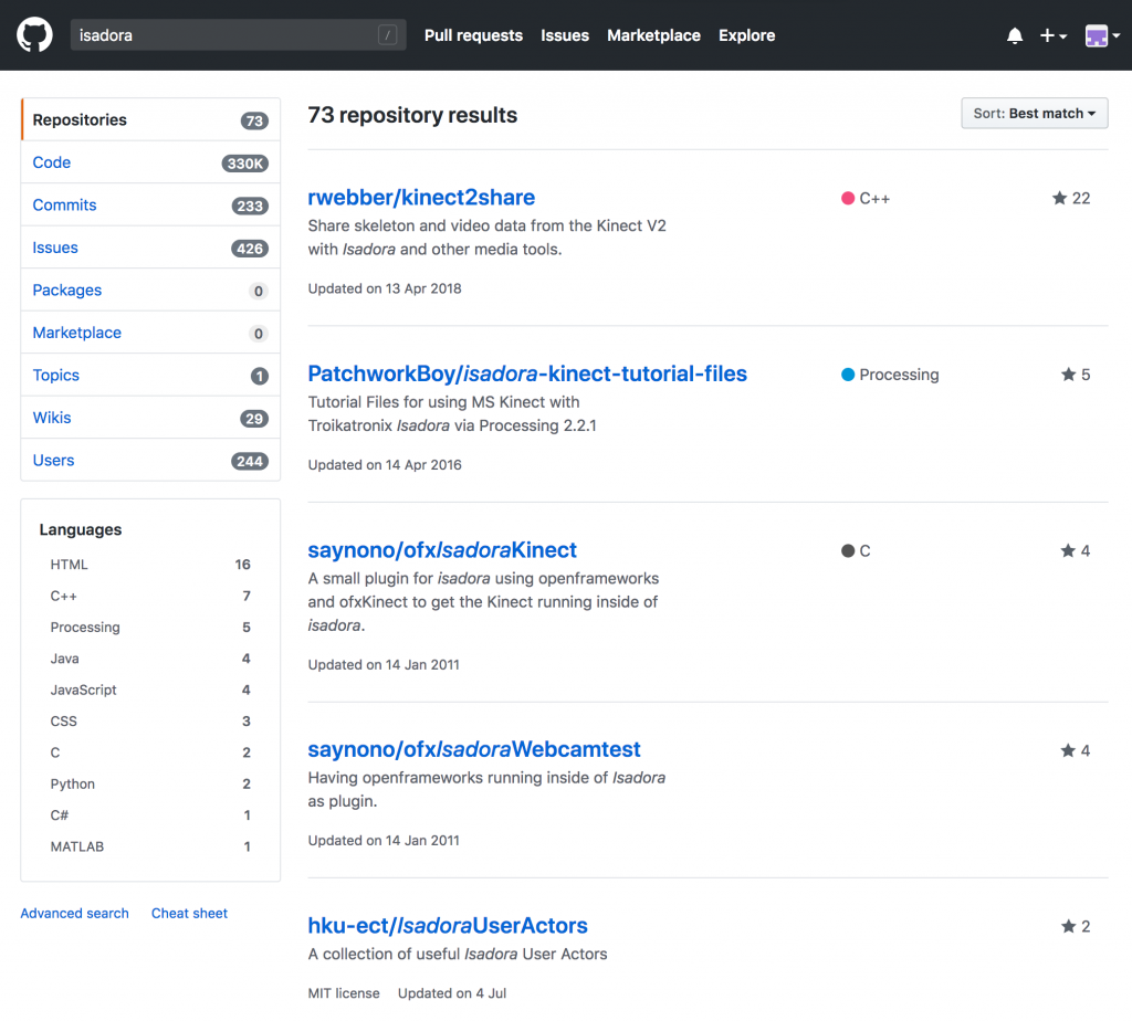 Busqueda de recursos sobre Isadora en Github