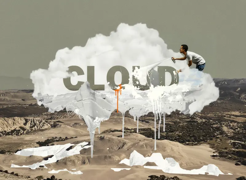 Vista de una nube de datos y un artista pintando sobre ella